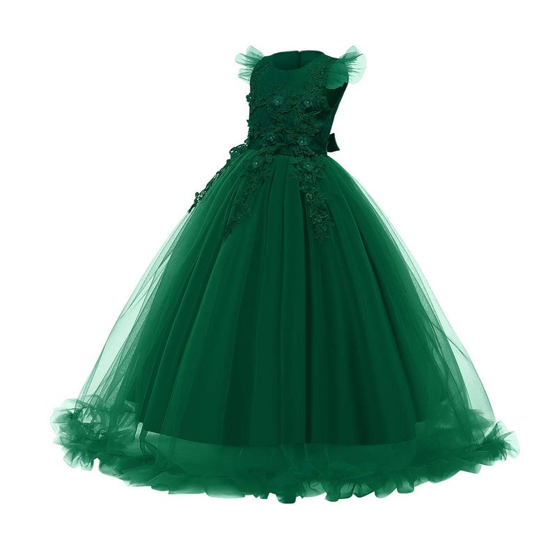 IWEMEK Big Little Girl Princess Embroidery Flower Lace Long A Line Pageant Dress Kids Floor Length Prom First Communion Bowknot Dress Puffy Tulle Ball Gown for Wedding Party Birthday Dark Green 7-8 Years - Image 2